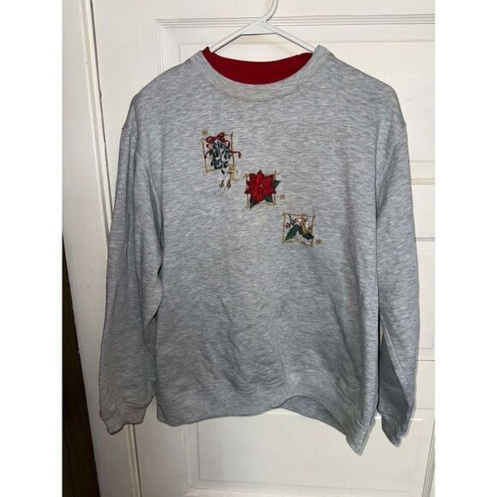Vintage Classic Elements Gray Holiday Sweatshirt with Poinsettia Embroidery XL